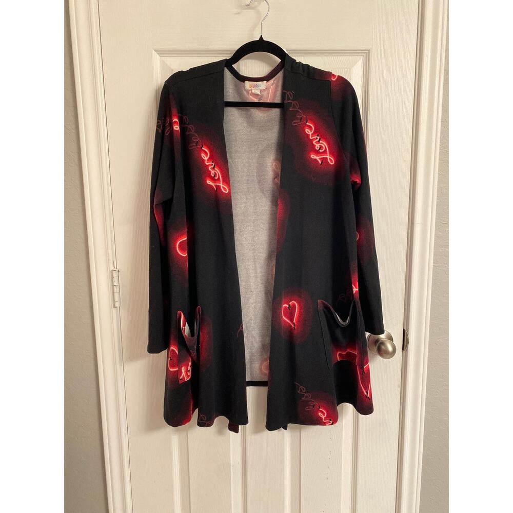 LuLaRoe Neon Heart Caroline Cardigan Size Large Black Pockets Dopamine Dressing